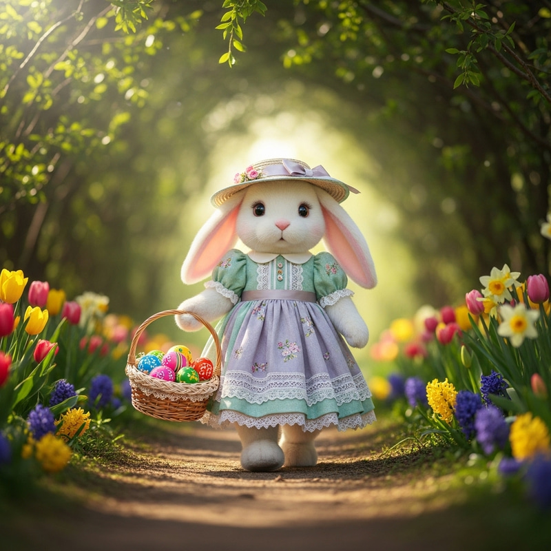 Cheerful Easter Bunny in Zuhair Murad Dress Walking in Sunny Forest