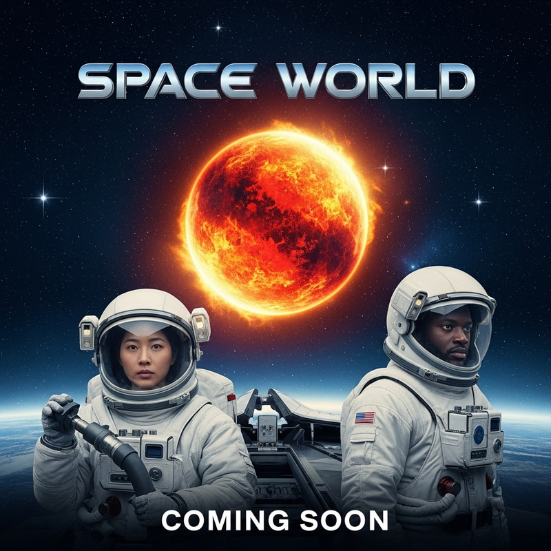 Space World Movie Poster - Blazing Planet & Astronauts Design Space World Movie Poster - Blazing Planet & Astronauts Design