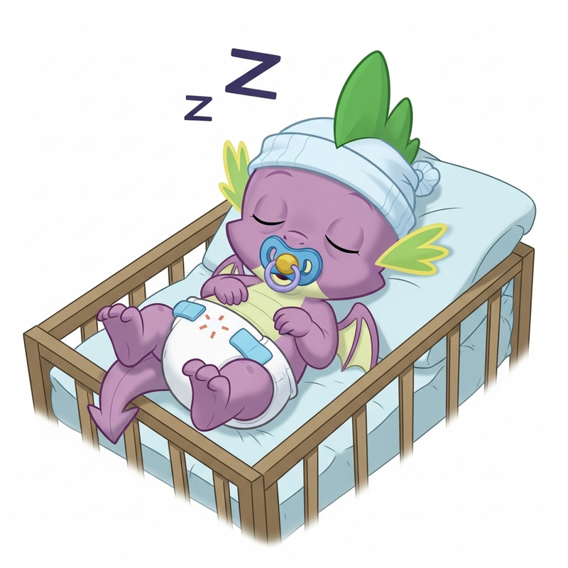 Newborn Spike Dragon Sleeping in Crib | Baby Pony Cartoon Style Newborn Spike Dragon Sleeping in Crib | Baby Pony Cartoon Style