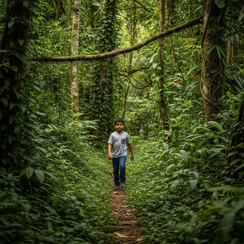 Boy Walking Through Lush Jungle Wilderness Boy Walking Through Lush Jungle Wilderness