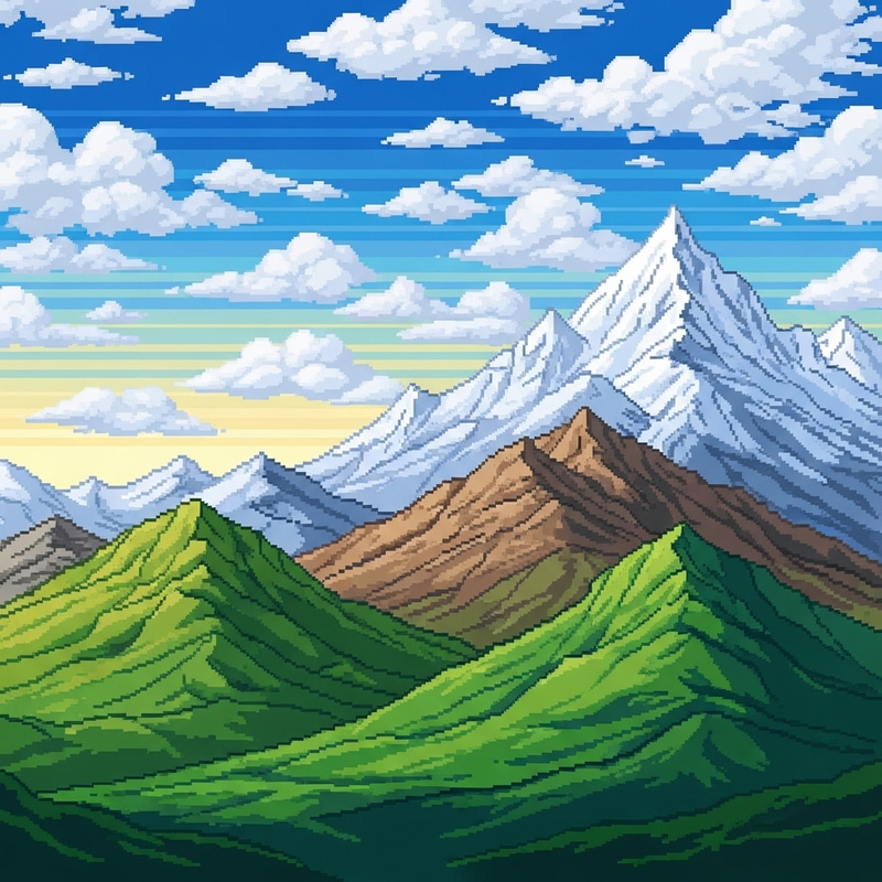 Vibrant Pixel Art Landscape: Majestic Mountains and Sky