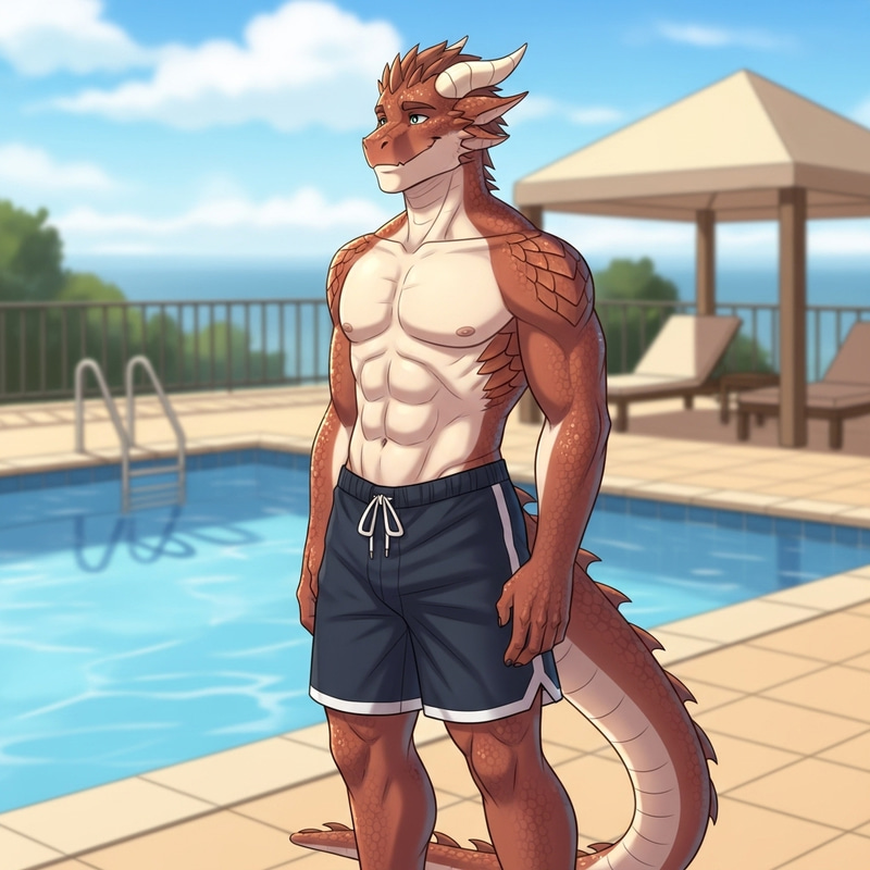 Male Dragon Demi-Human at Pool | Serene Cartoon Character