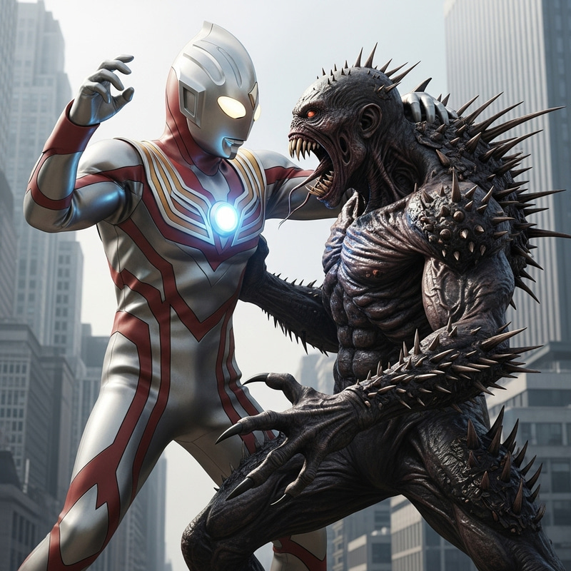 Diagao Ultraman vs Monstrous Creature in Cityscape Diagao Ultraman vs Monstrous Creature in Cityscape