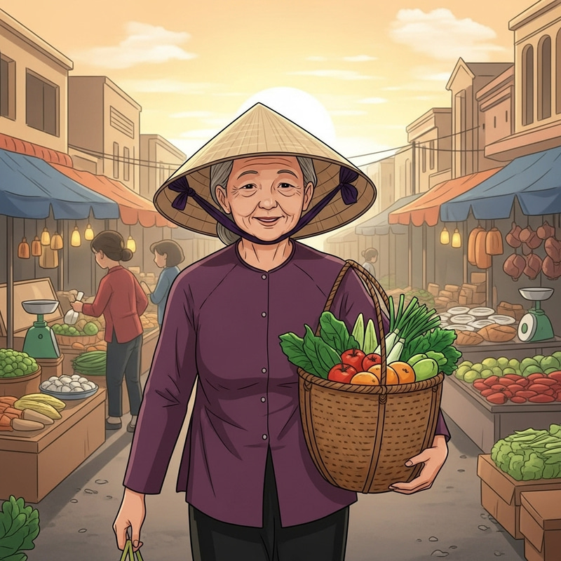 Elderly Vietnamese Woman Shopping Illustration - Tranhs-ba-nam-di-mua-sam