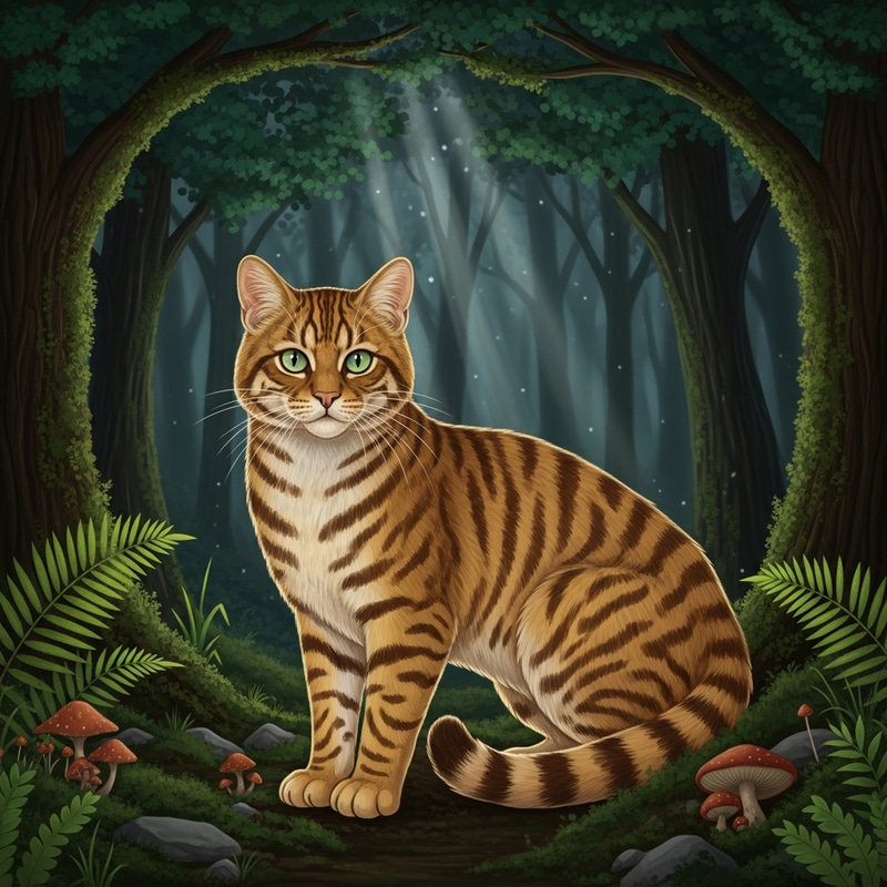 Realistic Golden Cat in Enchanting Dark Forest Realistic Golden Cat in Enchanting Dark Forest
