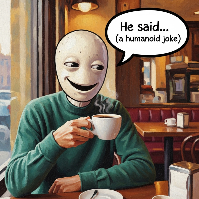 Whimsical Cafe Scene: Playful Humanoid with Coffee in Impressionist Cafe Setting Whimsical Cafe Scene: Playful Humanoid with Coffee in Impressionist Cafe Setting