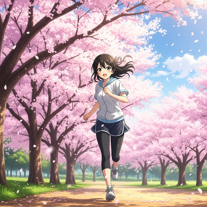 Anime Girl Running in Cherry Blossom Park Anime Girl Running in Cherry Blossom Park
