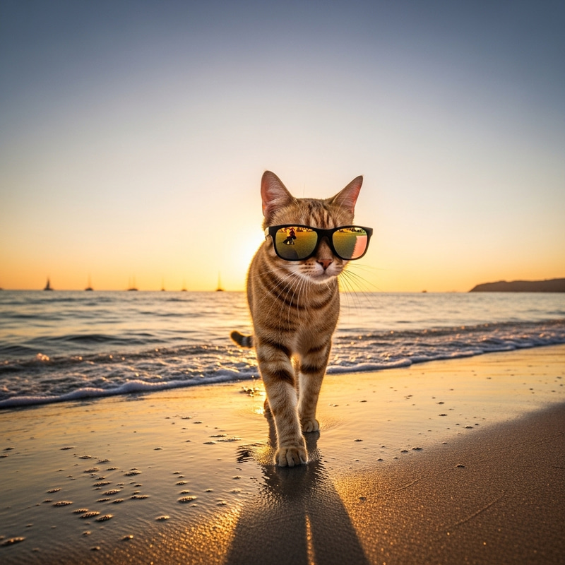Cat Wearing Sunglasses Walking On Beach Shore Cat Wearing Sunglasses Walking On Beach Shore