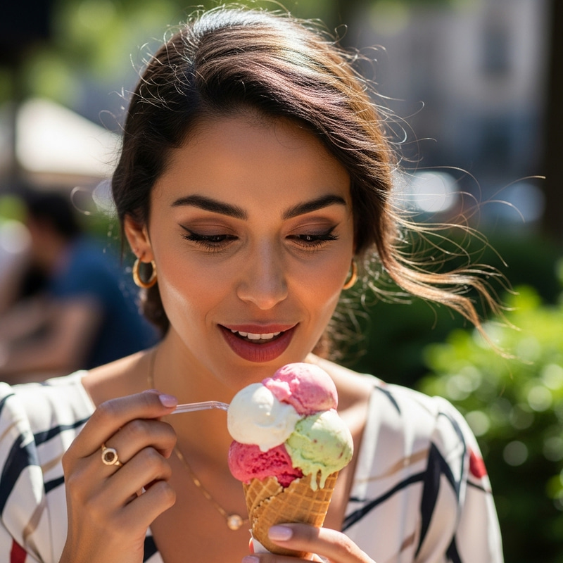 Beautiful Woman Licking Ice Cream, Sunny Day Delight