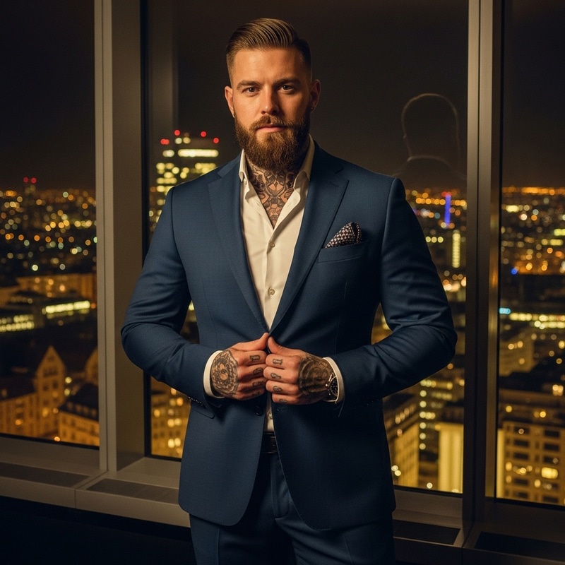 Sophisticated German Executive in Tailored Suit Overlooking Nighttime Skyline | Urban Allure & Power Sophisticated German Executive in Tailored Suit Overlooking Nighttime Skyline | Urban Allure & Power