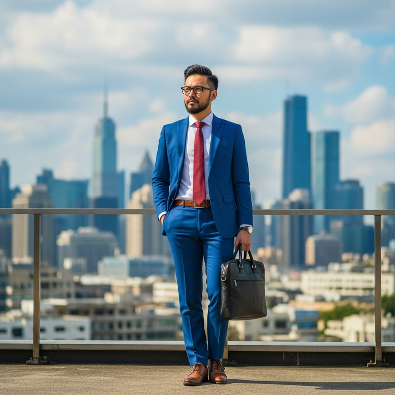 Confident Asian Man in Stylish Cobalt Suit with City Background Confident Asian Man in Stylish Cobalt Suit with City Background