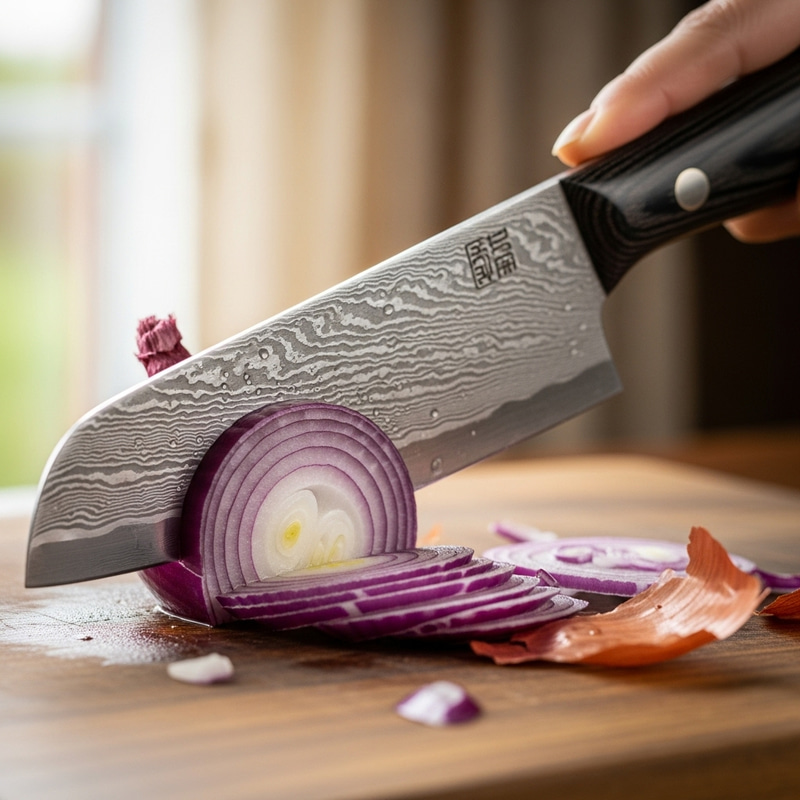 Handcrafted Nakiri Knife Slicing Onion Handcrafted Nakiri Knife Slicing Onion