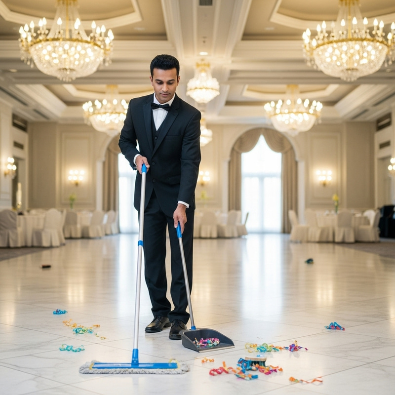 South Asian Janitor in Tuxedo Cleaning Elegant Ballroom with Grand Chandeliers South Asian Janitor in Tuxedo Cleaning Elegant Ballroom with Grand Chandeliers