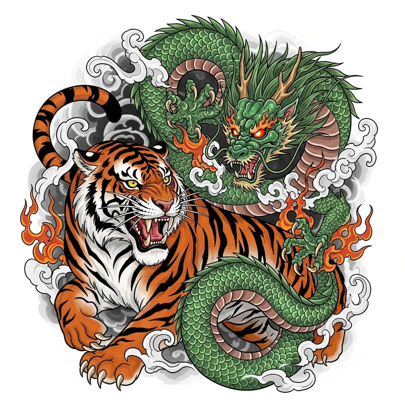 Fierce Tiger and Dragon Tattoo | Illustrated Artwork