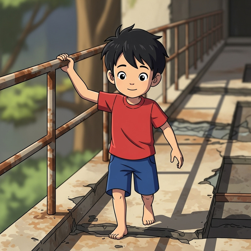 Young Asian Boy Walking on Torn Railing - Cartoon Adventures Young Asian Boy Walking on Torn Railing - Cartoon Adventures