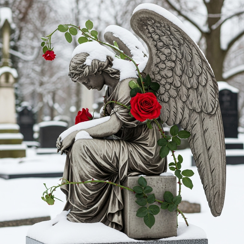 Angel Statue with Dark Graphite Wings in Snowy Cemetery, Red Rose on Grave Angel Statue with Dark Graphite Wings in Snowy Cemetery, Red Rose on Grave