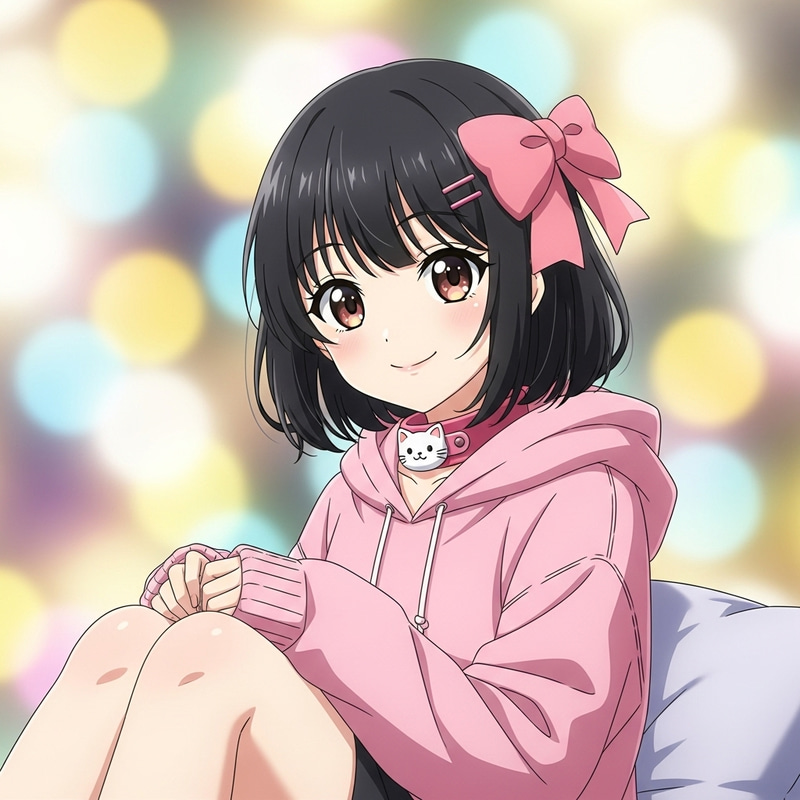 Kawaii Anime Girl with Black Hair Sitting Down