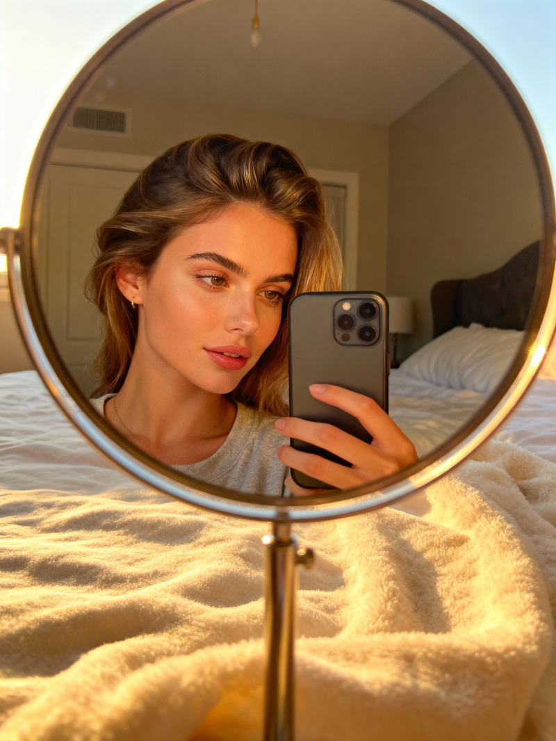 Beautiful Model Selfie in Bedroom Mirror