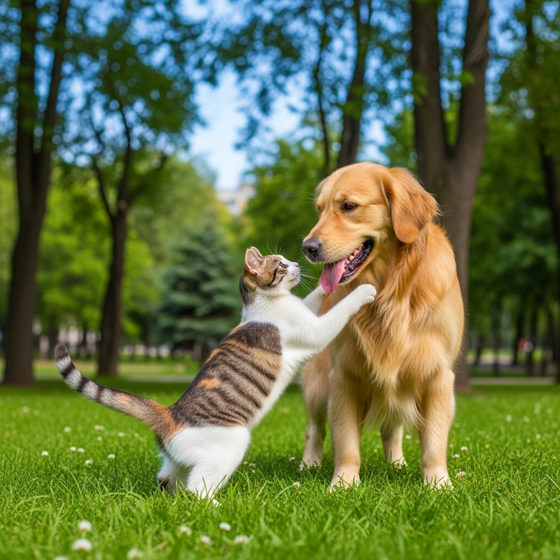 Playful Cat and Golden Retriever Playing in Lush Park Setting Playful Cat and Golden Retriever Playing in Lush Park Setting
