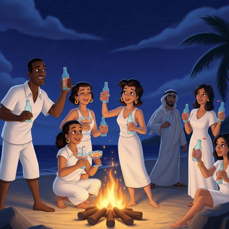 Nighttime Beach Fiesta with White-Clad Friends, Disney Pixar Style