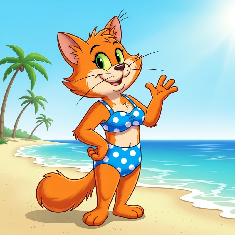 Furry Cartoon Cat in Swimsuit - Cute Beach Kitty Furry Cartoon Cat in Swimsuit - Cute Beach Kitty