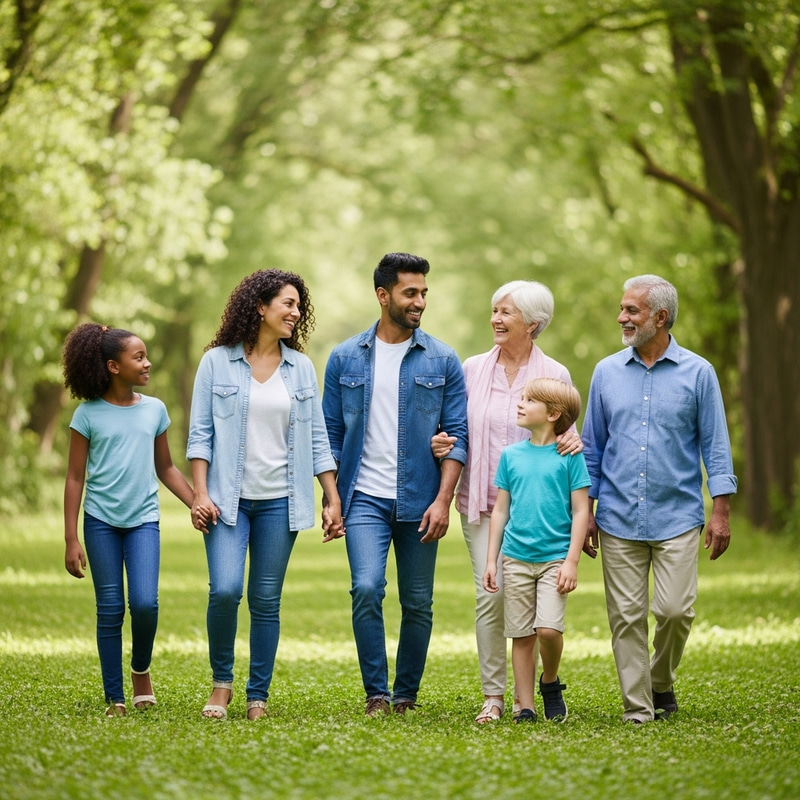 Happy Family with Grandparents and 2 Kids Enjoy Outdoor Nature Walk
