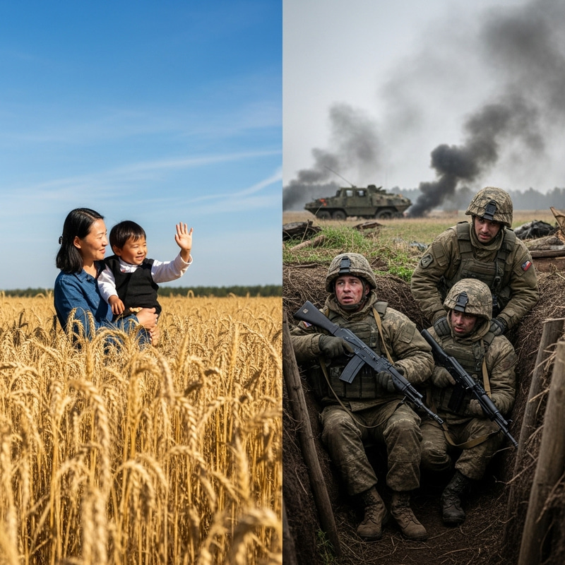 Contrasts of War: NATO Soldiers in Trench vs Peaceful Scene