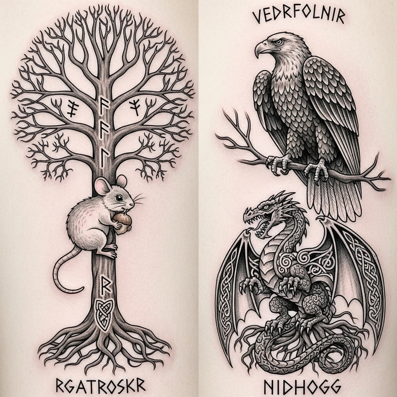 Norse Mythology Tattoo: Ratatoskr, Nidhogg, Vedrfolnir Trio