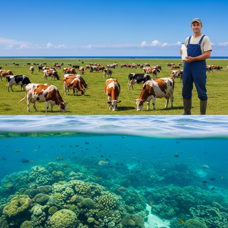 Seaside Farm Scene: Cows, Man with Milk, Coral Reefs & Fish