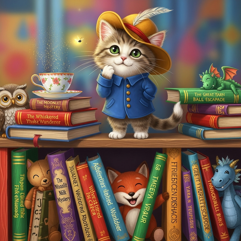 Whimsical Cat Illustration on Cozy Bookshelf Whimsical Cat Illustration on Cozy Bookshelf