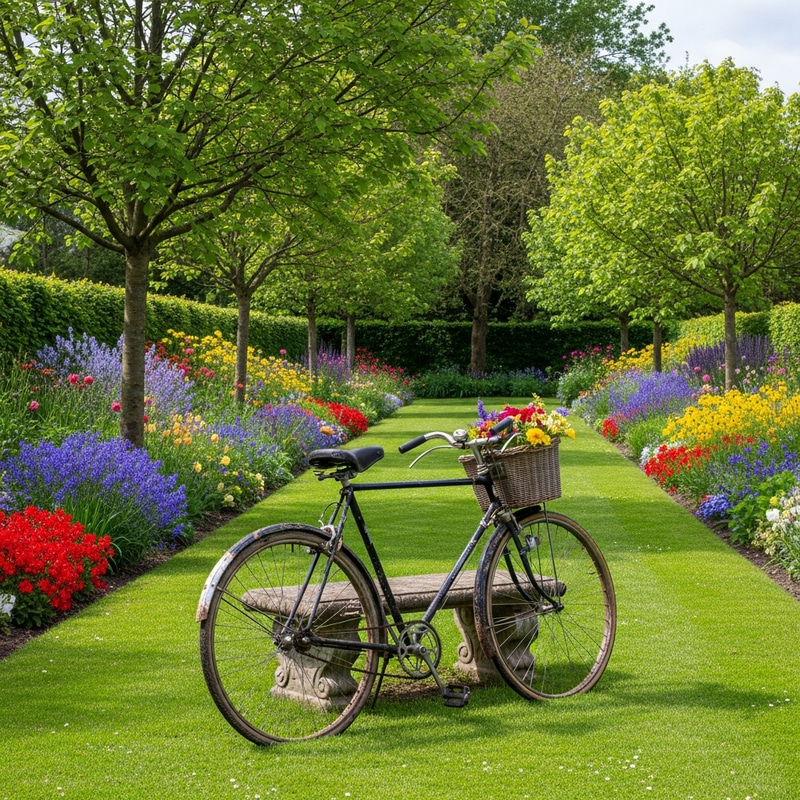 Tranquil Garden with Vintage Bicycle and Colorful Flora