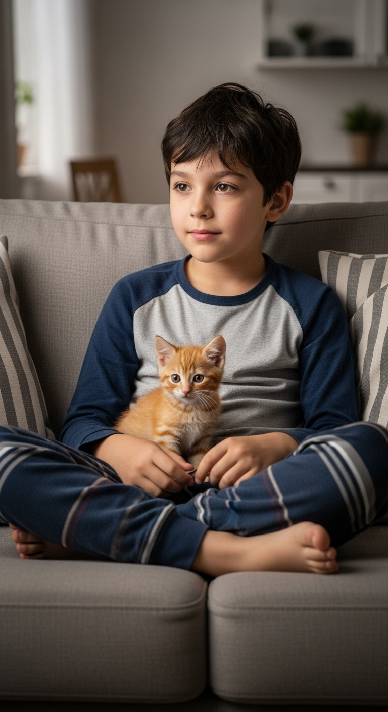 Attractive Eight-Year-Old Boy Watching TV with Ginger Kitten Attractive Eight-Year-Old Boy Watching TV with Ginger Kitten