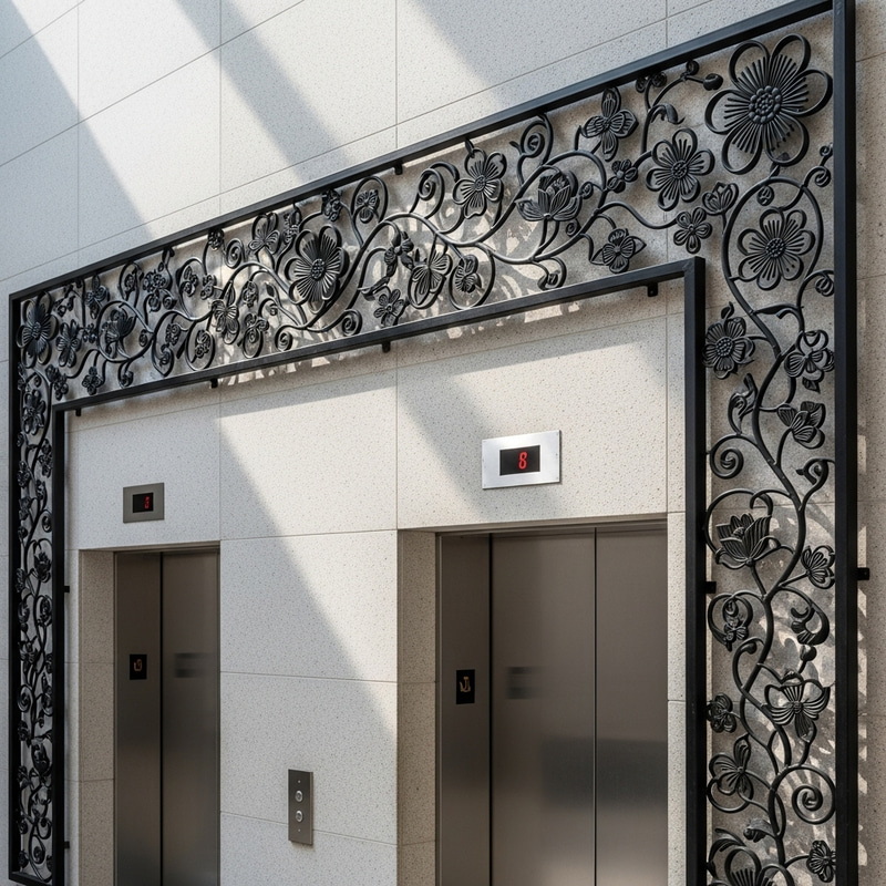 Floral Style Square Pipe Decorative Forging at University Wall Floral Style Square Pipe Decorative Forging at University Wall