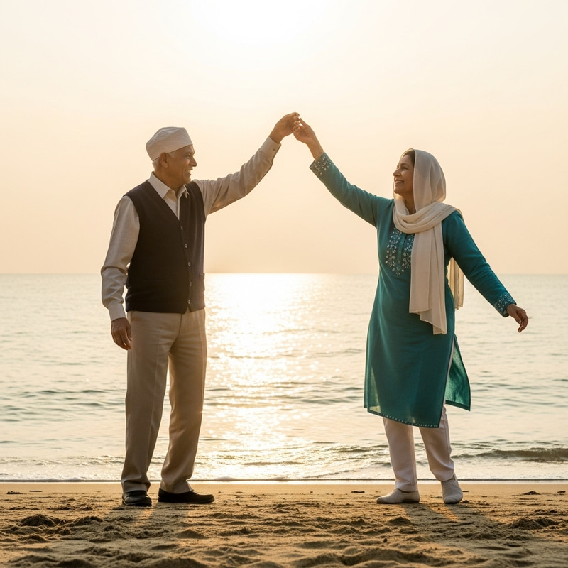Elderly South Asian Man and Middle-Eastern Woman Dancing by Sea Elderly South Asian Man and Middle-Eastern Woman Dancing by Sea