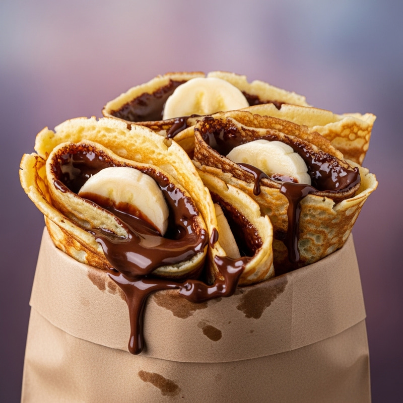 Delicious Crepes with Liquid Chocolate and Banana in a Paper Bag Delicious Crepes with Liquid Chocolate and Banana in a Paper Bag
