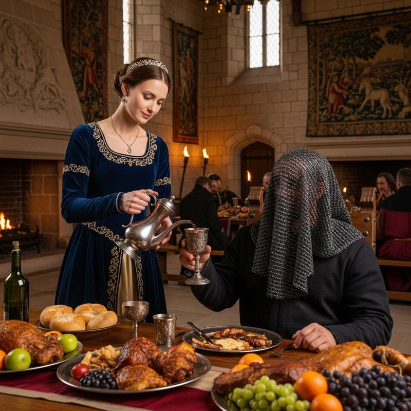 Medieval Castle Feast with Woman Pouring Wine Medieval Castle Feast with Woman Pouring Wine