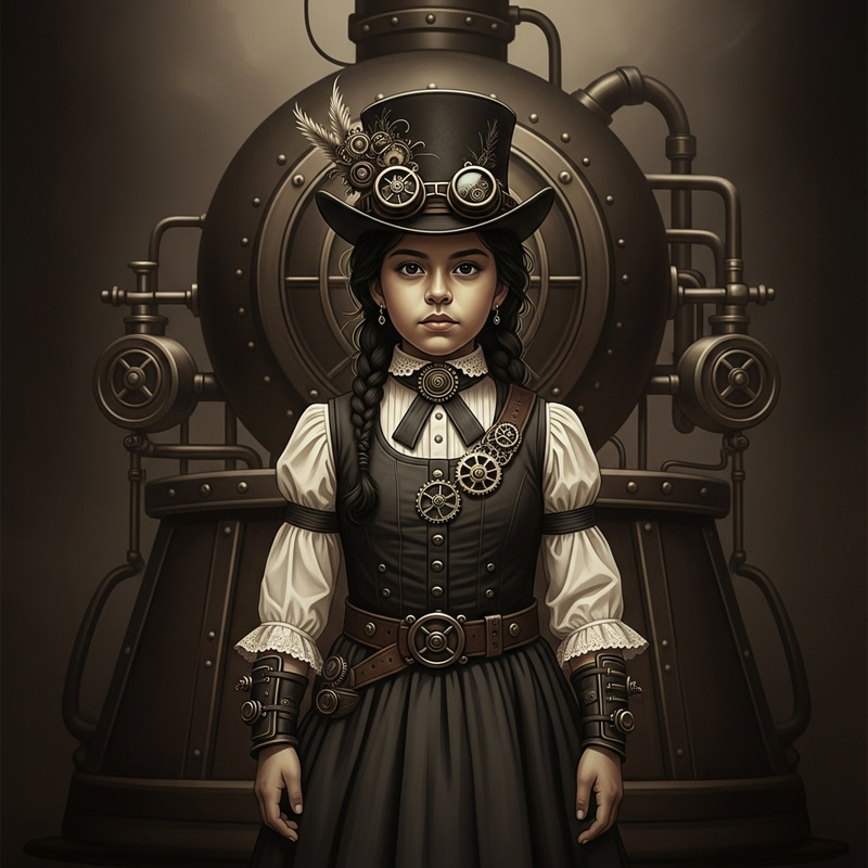 Steampunk Girl in Front of Steam-Powered Machine with Nostalgic Sepia Tone Steampunk Girl in Front of Steam-Powered Machine with Nostalgic Sepia Tone