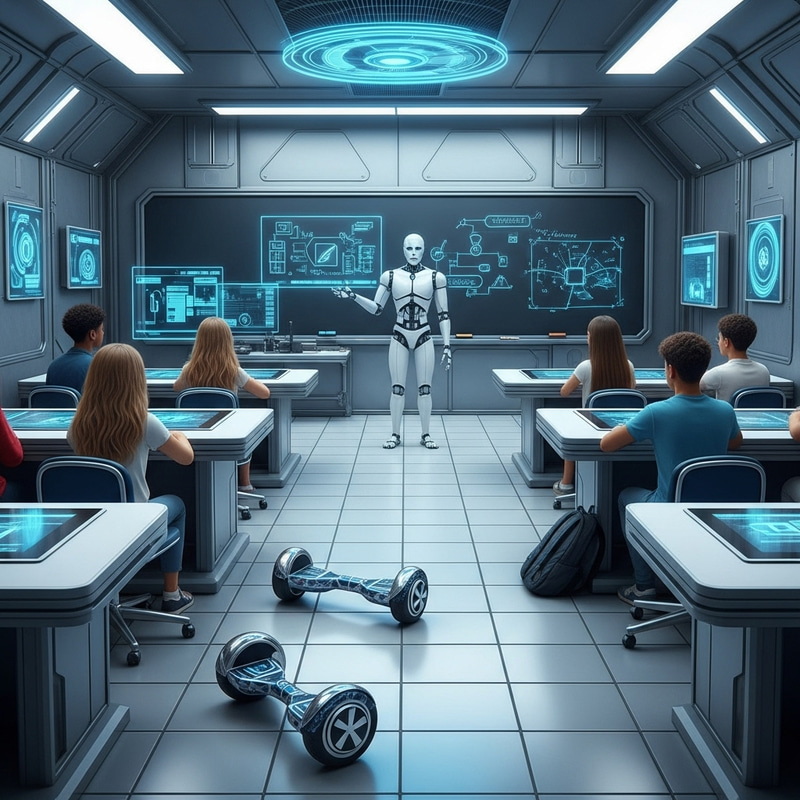 Futuristic Classroom with Hoverboards and Robotic Professor Futuristic Classroom with Hoverboards and Robotic Professor