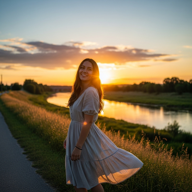 Enchanting Sunset Portrait of a Radiant Woman | Tranquil River View Enchanting Sunset Portrait of a Radiant Woman | Tranquil River View