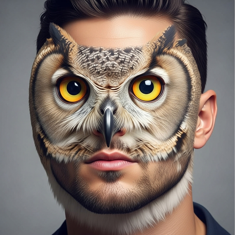 Owl and Human Face Merge with Prominent Cheekbones