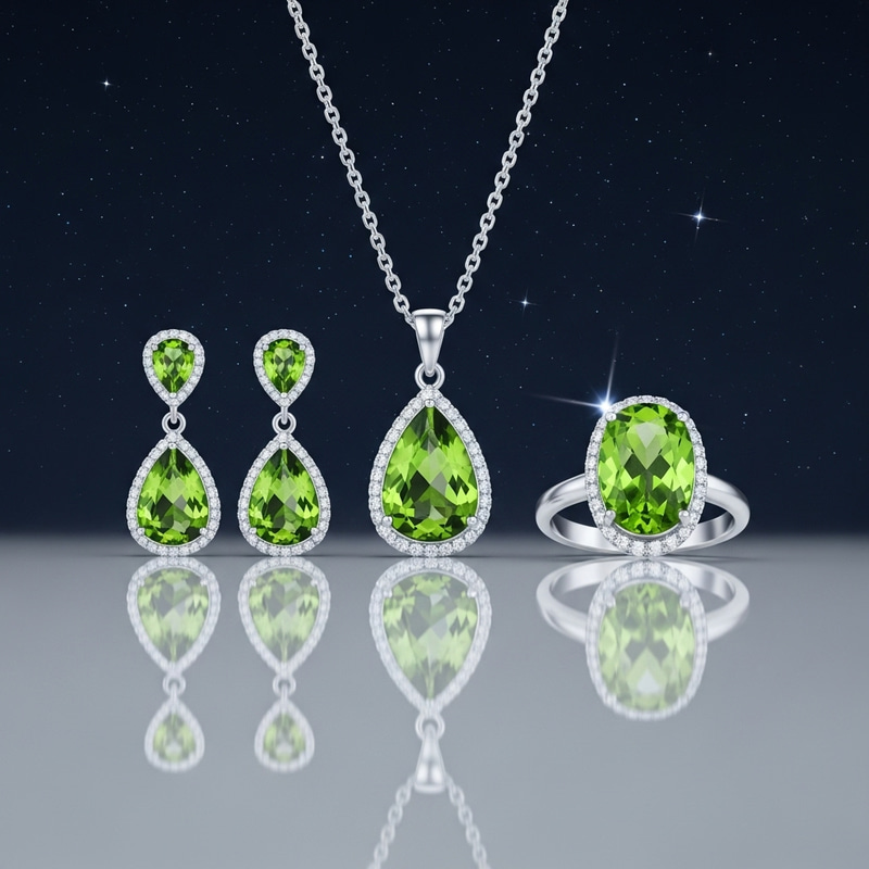 High-Quality Peridot Stone Silver Set Jewelry: Showcase Elegance Under Night Sky High-Quality Peridot Stone Silver Set Jewelry: Showcase Elegance Under Night Sky