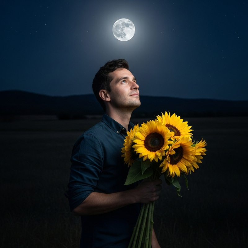Caucasian Male with Sunflowers gazing at Moon Caucasian Male with Sunflowers gazing at Moon