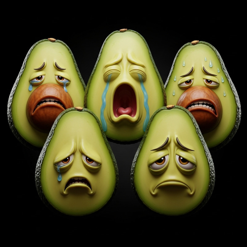 Sad Avocado Faces: Realistic & Cartoonish Emotions on Black Background