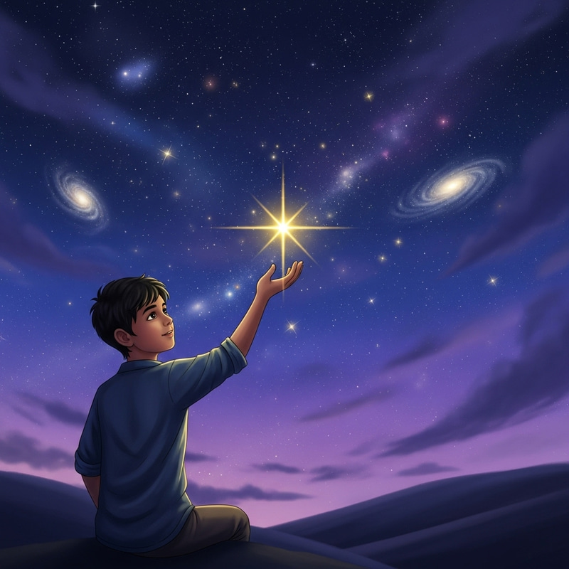 Boy Reaching for Golden Star in Dreamy Night Sky