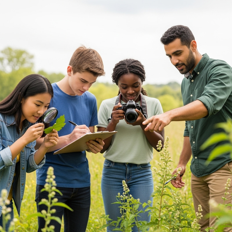 Teenagers Outdoor Plant Learning with Mentor