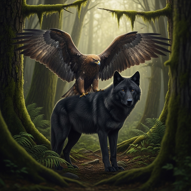 Power Animals: Black Wolf and Golden Eagle in Forest Power Animals: Black Wolf and Golden Eagle in Forest