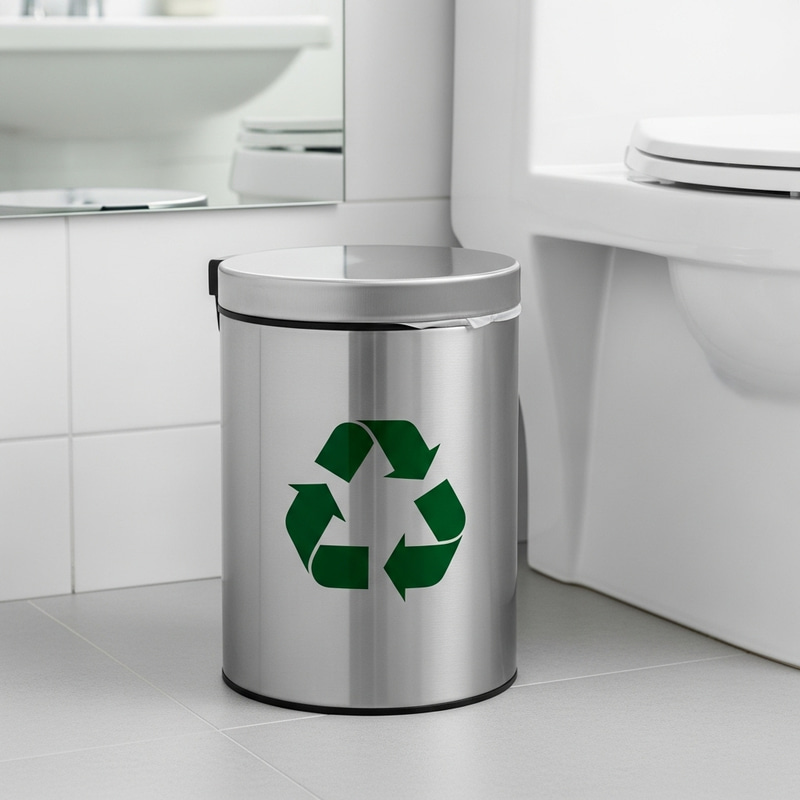 Bathroom Trash Can with Recycling Symbol - Sustainable Solution Bathroom Trash Can with Recycling Symbol - Sustainable Solution