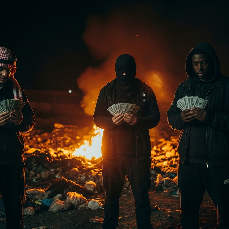 Eerie Night Scene of Burning Hazardous Waste and Criminal Mafias