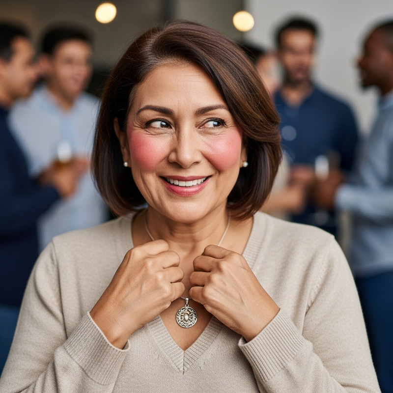 Embarrassed Yet Flattered Woman in Social Setting Embarrassed Yet Flattered Woman in Social Setting