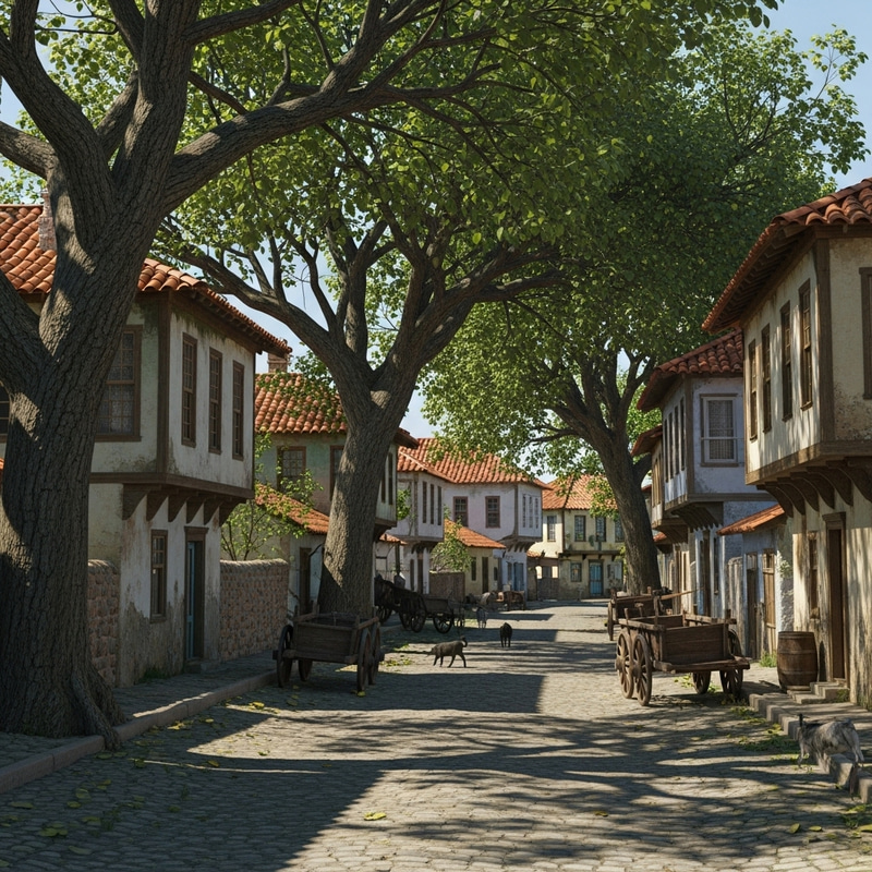 Tranquil Village: A Serene Display of Antique Homes and Tree-Lined Streets Tranquil Village: A Serene Display of Antique Homes and Tree-Lined Streets